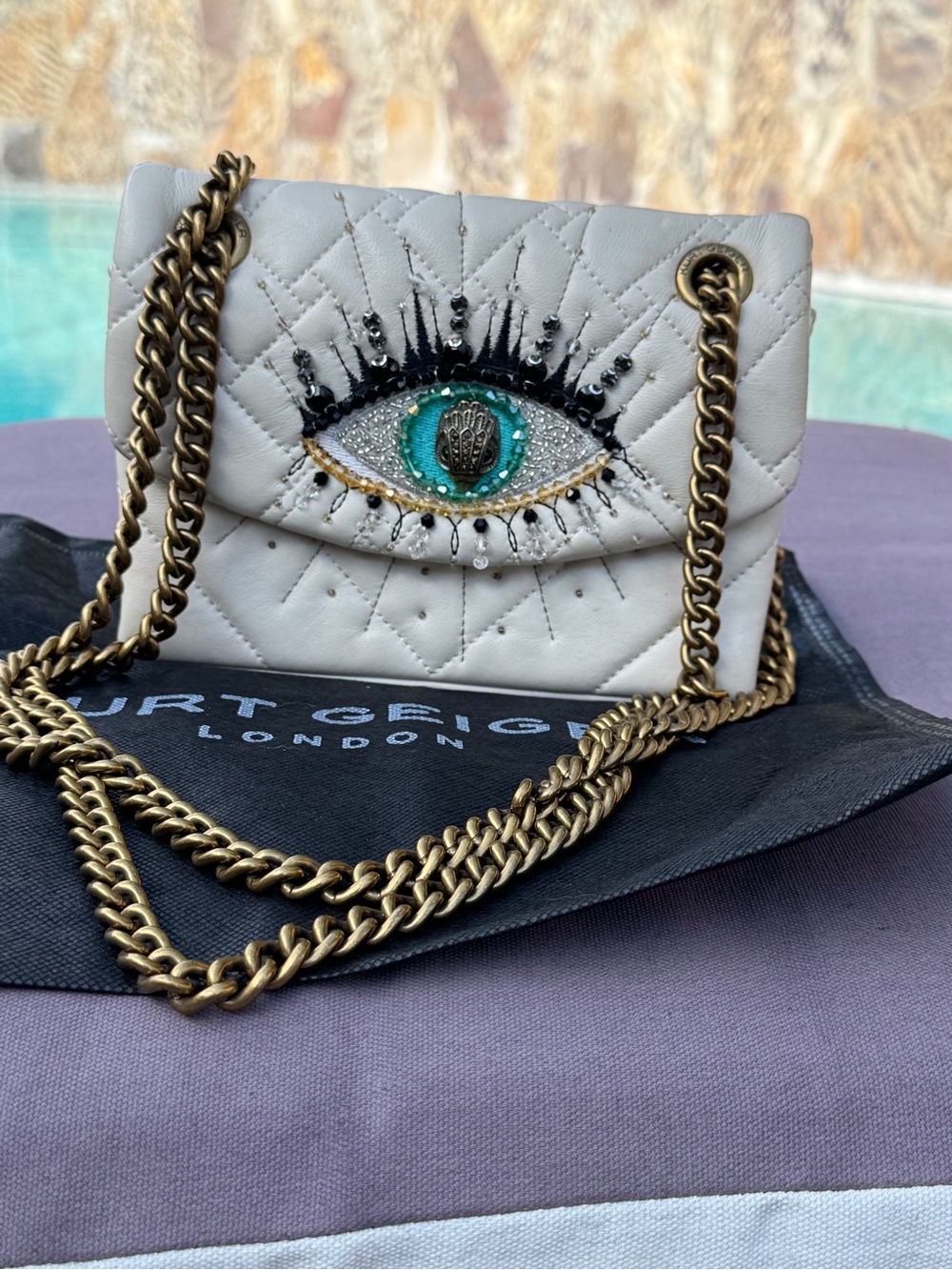 Kurt Geiger London Leather Evil Eye Quilted Chain Crossbody Bag w/ Dusterbag GUC